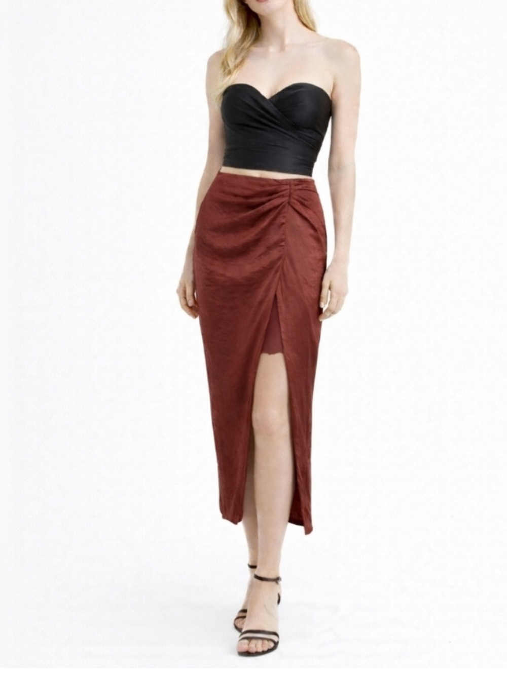 NWT Zara Rust Red Satin Ruched Front High-Slit Midi Skirt Size L